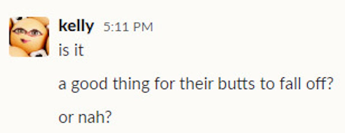 A Slack message reading "is it a good thing for their butts to fall off? or nah?"